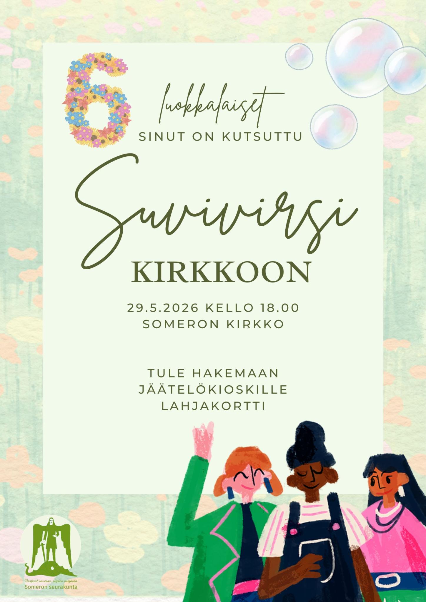Kutsu 6 luokkalaisille suvivirsikirkkoon, jossa saavat jäätelökioskille lahjakortin