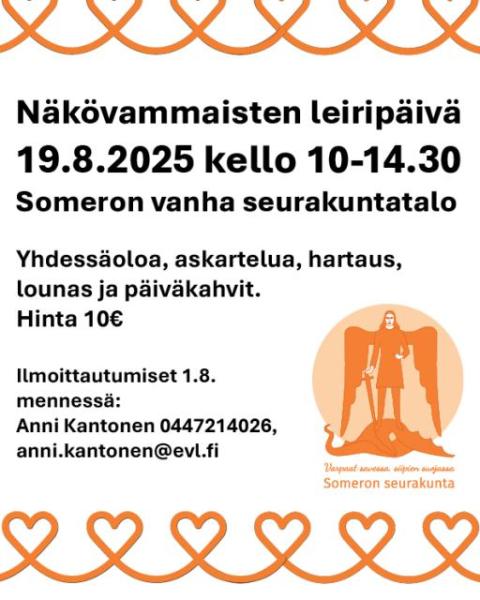 Kuvassa näkövammaisten leiripäivän sisältöteksti, sama kuin itse uutisessa. Kuva-aiheena srk:n logo ja sydänketjut ylhäällä ja alhaalla.